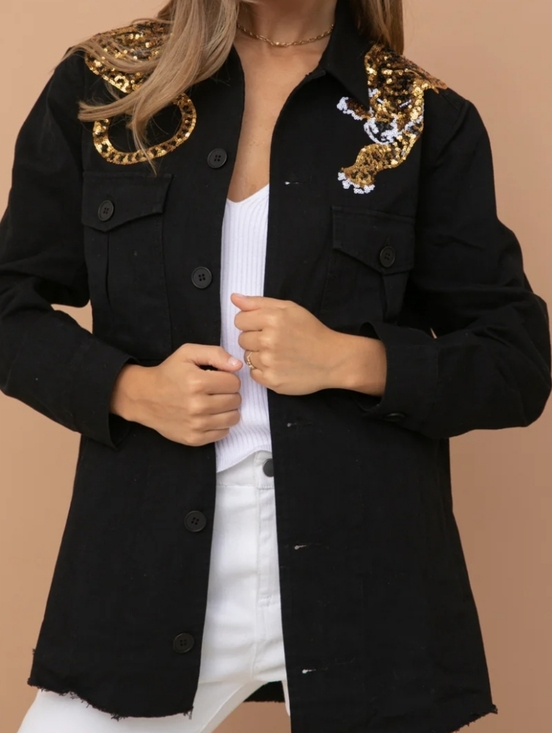 blue b Jackets & Blazers - Blue B Black Denim Sequin Embroidered Tiger-shaped Shoulder Shirt Jacket Size S